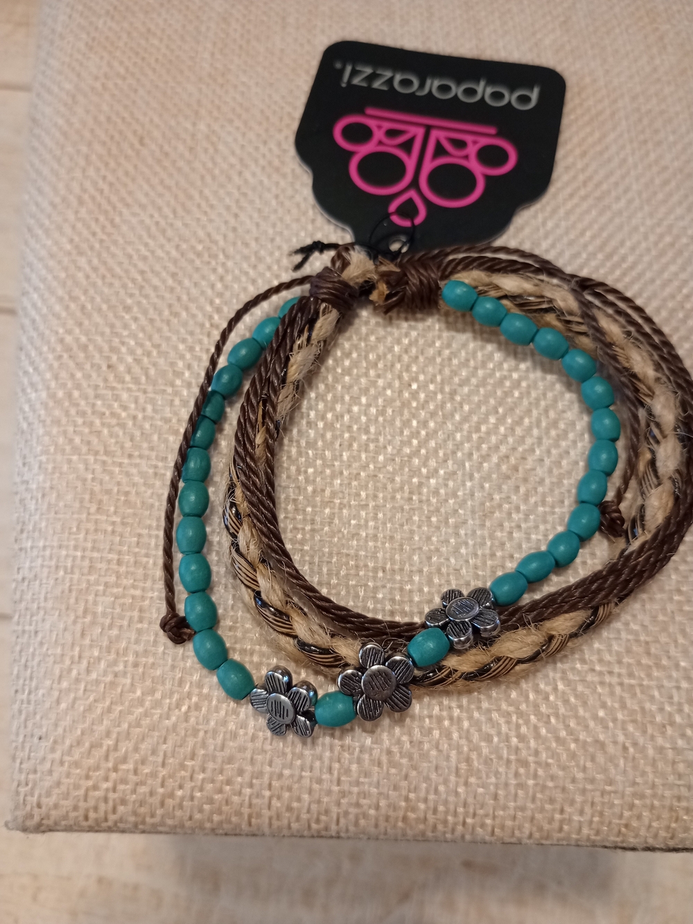 paparazzi Turquoise Bead & Brown Braided Flower Bracelet Set